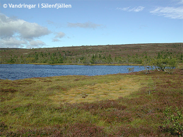 Vy över Västra Östfjällstjärnen och upp mot Källfjället, lite vid sidan av denna ledbeskrivning